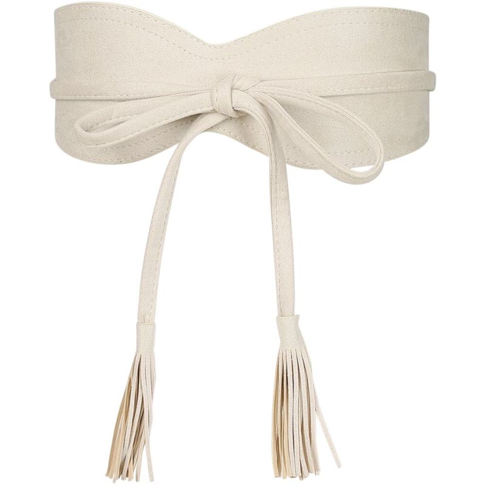 Faux Suede Tassel Belt Dress Vintage Bow Tie Corset Cinch Belt Waistband Beige